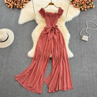 Summer Korean fashion style square-collar leotard waist strap shows thin split wide-leg trousers jumpsuit