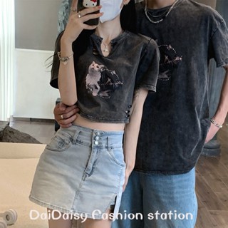 เสื้อยืดแขนสั้น แต่งรอยขาด แฟชั่นฤดูร้อน สไตล์เกาหลี และฮ่องกง สําหรับผู้หญิง 2023♥