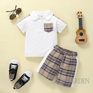 Babygarden-9m-4y ชุดเสื้อผ้าเด็กผู้ชาย เสื้อคอปก แขนสั้น + กางเกงขาสั้น เอวยางยืด ลายสก๊อต