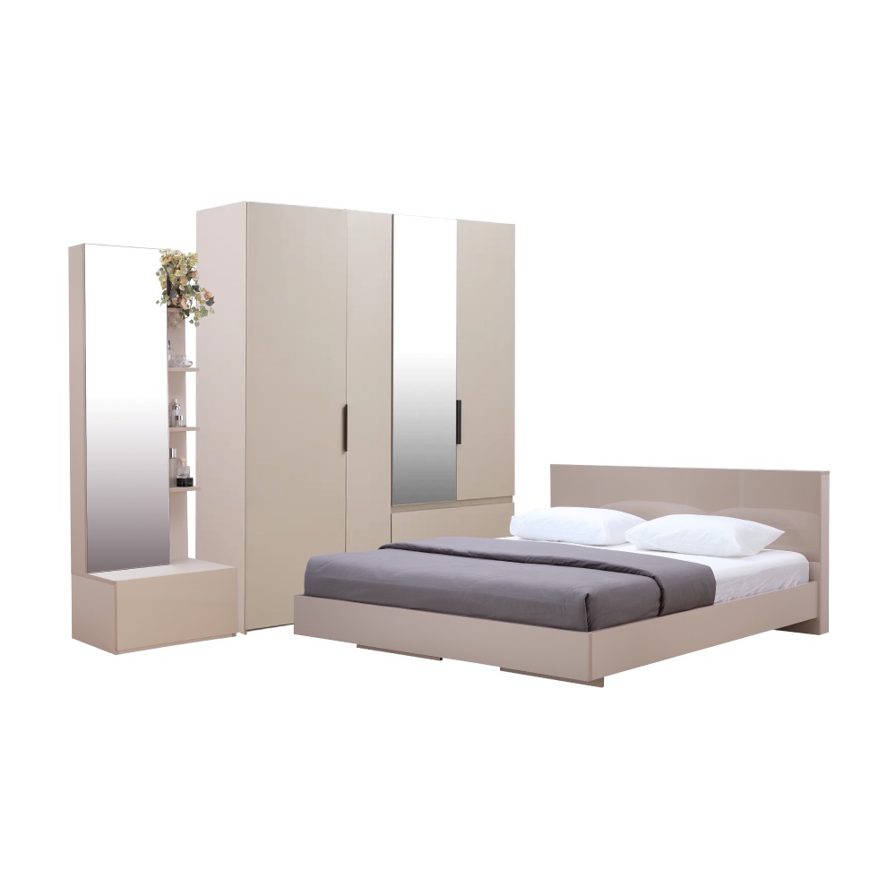 INDEX LIVING MALL ชุดห้องนอน รุ่นแมสซิโม่+แมกซี่ ขนาด 5 ฟุต (เตียงนอน(พื้นเตียงทึบ), ตู้เสื้อผ้า 4 บาน พร้อมกระจกเงา, โต๊ะเครื่องแป้ง) - สีหินทราย