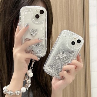 เคสโทรศัพท์มือถือแบบใส มีทรายไหล แต่งกลิตเตอร์ ลายหัวใจ 3D หรูหรา พร้อมสายคล้อง สําหรับ iPhone 14PROMAX 12PROMAX 13PROMAX 12 11 11PROMAX 14 14PRO