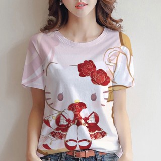 เสื้อยืดแขนสั้น พิมพ์ลาย hello kitty น่ารัก ทรงหลวม สําหรับผู้หญิง