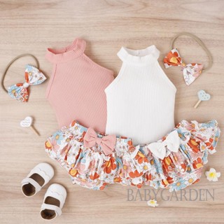 Babygarden-0-18months ชุดเสื้อแขนกุด และกางเกงขาสั้น ลายดอกไม้ แต่งระบาย และที่คาดผม สําหรับเด็กผู้หญิง