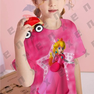 เสื้อยืดแขนสั้น พิมพ์ลาย Super Princess Peach Mario แฟชั่นสําหรับเด็กผู้หญิง อายุ 3-13 ปี A899