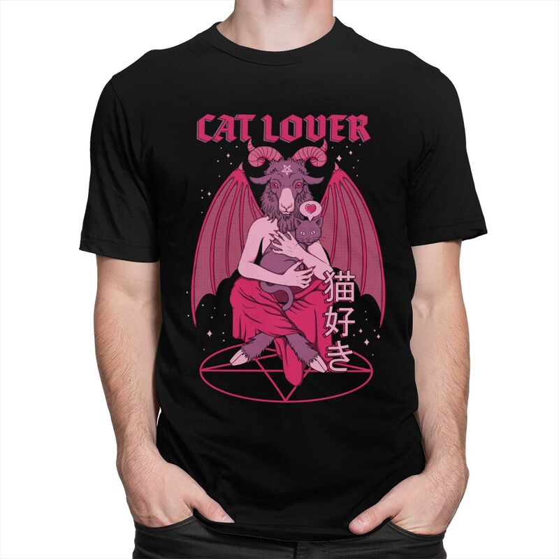 QNเสื้อยืดสีพื้น Komik Baphomet kedi sevgilisi kötü TShirt erkekler gündelik üstleri Kawaii Lucifer 
