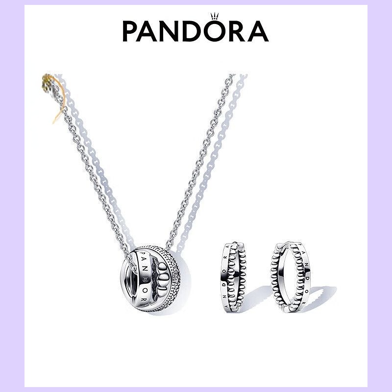 Pandora ชุดสร้อยคอ ต่างหู และต่างหู เงิน 925 ประดับลูกปัด ลายโลโก้