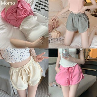 momo~กางเกงเอวยางยืด Drawstring กางเกงขาสั้นกีฬาสีชมพู กางเกงขาสั้นลำลอง กางเกงเอวสูงหลวม MQ171