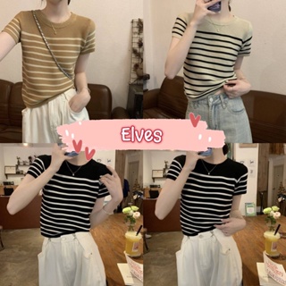 Elves✨พร้อมส่ง✨ เสื้อครอปไหมพรมแขนสั้น ลายทางยืดตามตัว ~6Y032~ -C