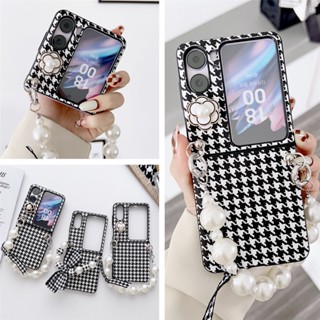 OPPO Find N2 Flip เคสโทรศัพท์มือถือหนัง ฝาพับ ลายดอกไม้ ดอกคามิเลีย โบว์ 3D พร้อมสายคล้องมือ ประดับไข่มุก แฟชั่นหรูหรา