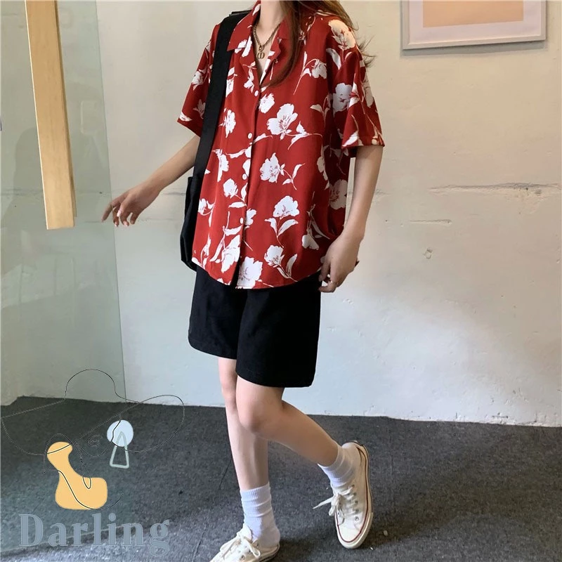 เสื้อเชิ้ตแขนสั้นลายดอกไม้ ใบไม้ ทรงหลวม ผู้หญิง สงกรานต์