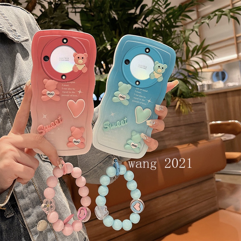 Casing เคส Honor X9a X9 5G Honor70 Huawei Nova10 10 Pro Nova9 9SE Y90 Mate 50 Pro Korean Style Cute Fresh Summer Bear Doll Phone Case Cartoon Shockproof Soft Cover with Beads Bracelet เคสโทรศัพท