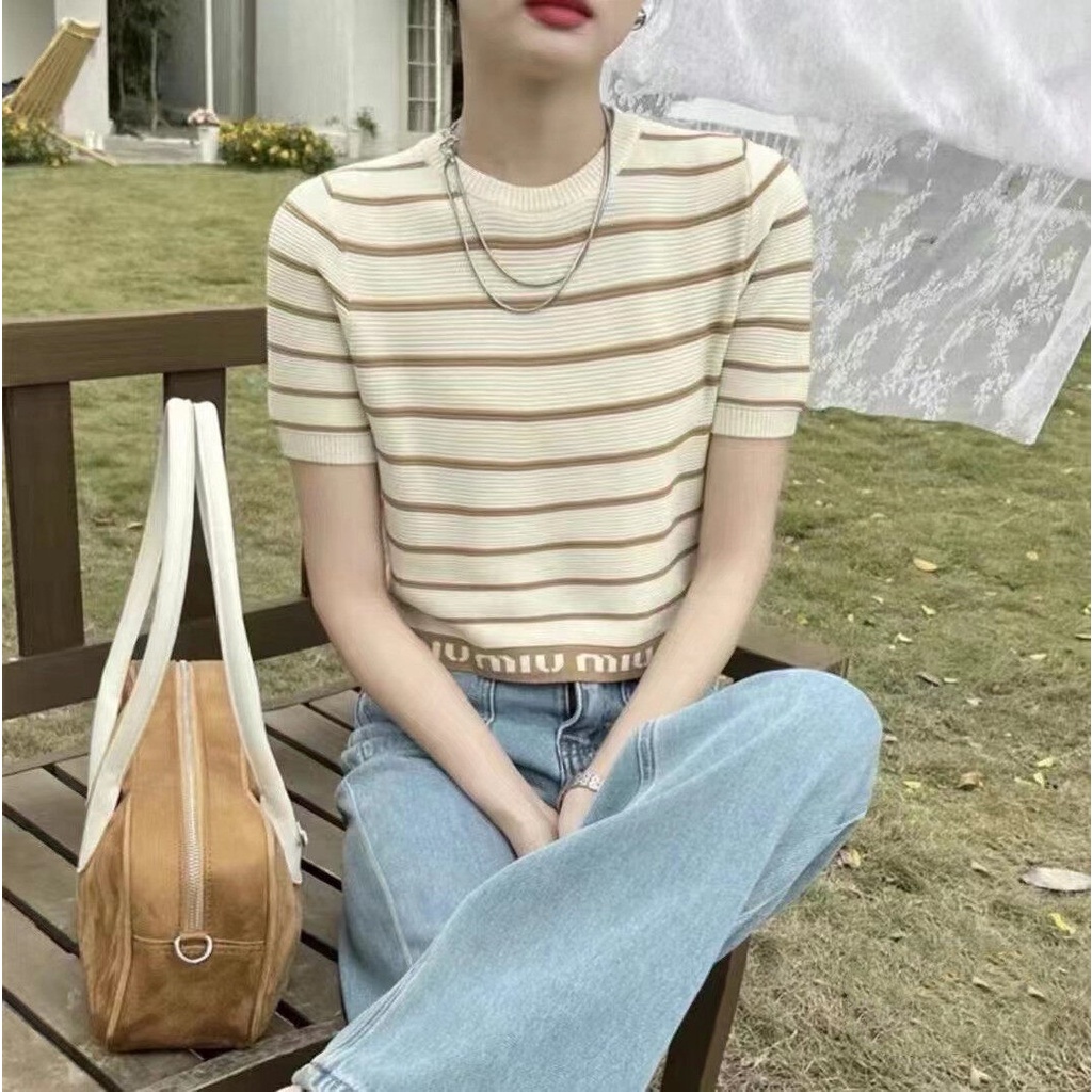 Gakki เสื้อยืดแขนสั้น เสื้อไหมพรม ผ้านิ่มใส่สบาย ฟรีไซส์ พร้อมส่ง 6548#