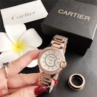 Cartier นาฬิกาข้อมือควอตซ์ลําลอง สายหนัง หน้าปัดกลม ประดับเพชร สายสแตนเลส เหมาะกับของขวัญวันเกิด สําหรับผู้ชาย และผู้หญิง