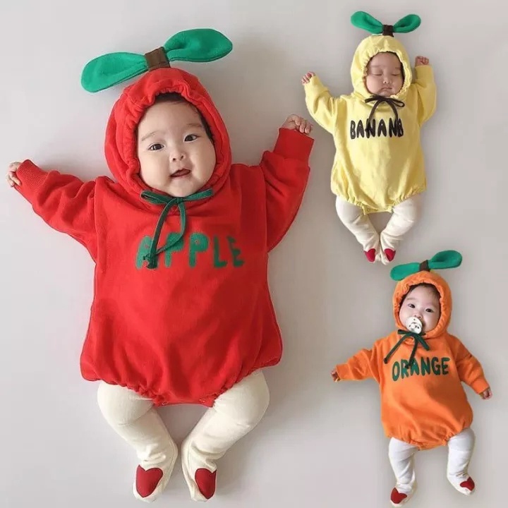 ชุดจั๊มสูทรอมเปอร์ ลายกล้วย แอปเปิ้ล สีส้ม น่ารัก สําหรับเด็กทารกแรกเกิด ผู้ชาย และเด็กผู้หญิง