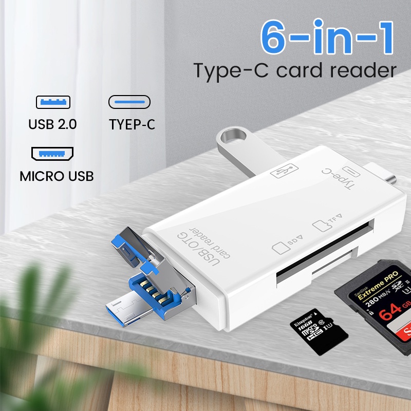 Elough 6 in 1 อะแดปเตอร์การ์ดรีดเดอร์ OTG Type C Micro USB Pen Drive TF SD USB2.0 อเนกประสงค์