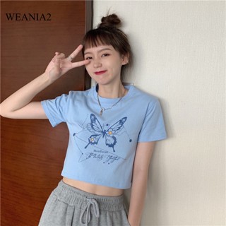 Weania-2 เสื้อครอปท็อป พิมพ์ลายผีเสื้อ สไตล์เกาหลี สําหรับผู้หญิง