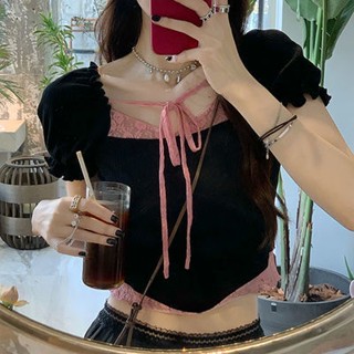 Eva Style🍒พร้อมส่ง✨COD เสื้อยืดผู้หญิง เสื้อยืดแขนสั้น เสื้อครอป เสื้อครอปแขนพอง เสื้อแขนสั้นแต่งลูก สาวหวานใส่ก็น่ารัก