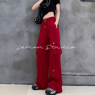 Lemon studio กางเกงขายาว เสื้อแฟชั่น สีแดงกางเกงขากว้างทรงตรง กางเกงทํางานผู้หญิง   TJL042