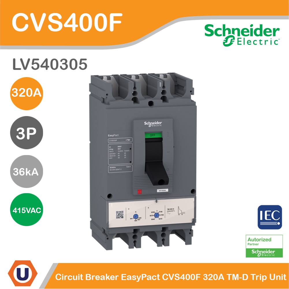 Schneider Electric Circuit breaker CVS400F, 36 kA at 415 VAC, 320A TM-D trip unit, 3P l LV540305 l U