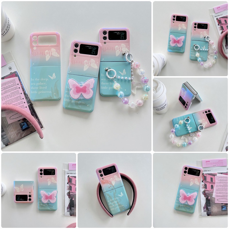Gardensung Z Flip 4 Z Flip 3 Gradient Color Soft Case Butterfly Bracket สร้อยข้อมือมุกฝาครอบโทรศัพท์
