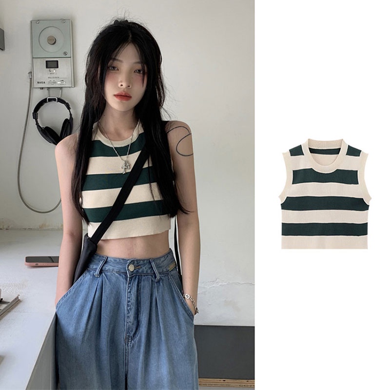 Grace_chili เสื้อกั๊ก แขนกุด ลายทาง เสื้อกั๊กไหมพรมเกาหลี A482