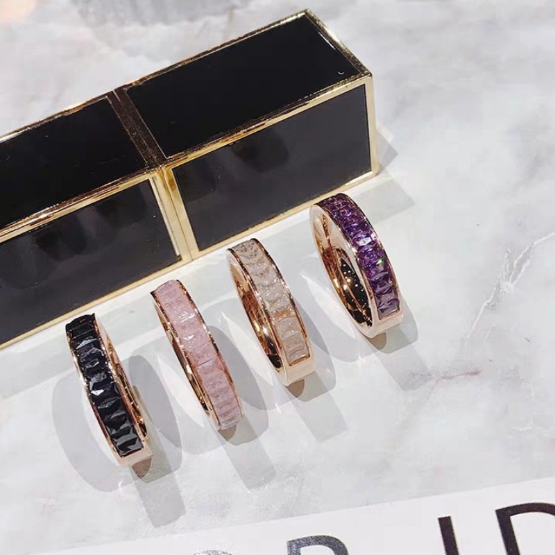 Lucky Transfer สร้อยข้อมือแหวนคริสตัลน้ําแข็งแถวเดียวสแตนเลสชุบ 18K Rose Gold แฟชั่นแหวนทุกคู่