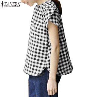 Zanzea เสื้อเบลาส์ลําลอง คอกลม แขนสั้น ลายสก๊อต สไตล์เกาหลี สําหรับผู้หญิง