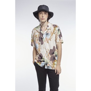 ESP เสื้อเชิ้ตฮาวายลายทรอปิคอล ผู้ชาย สีน้ำตาล | Tropical Print Hawaiian Shirt | 3763