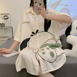 Summer new sexy sweet high-end ladies nightdress Womens summer ice silk cartoon pattern short-sleeved pajamas dress