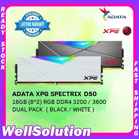 Adata XPG SPECTRIX D50 แรมเกมมิ่ง 16GB (8*2) RGB DDR4 3200 3600 DUAL PACK DESKTOP PC (สีดํา / สีขาว)