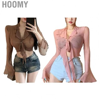 Hoomy Women Mesh T Shirt  Deep V Neck Cool Polyester Bell Long Sleeve Women Tie Front Mesh Top Comfortable  for Party