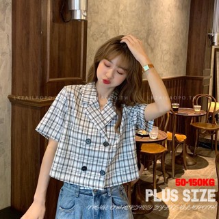Plus size เสื้อผ้าสาวอวบ❤ เสื้อสาวอวบอ้วน ไซส์ใหญ่ ผู้หญิง เสื้อลายสก๊อต เสื้อครอป แขนสั้น คอปก ฤดูร้อน สไตล์เกาหลีแฟชั่น