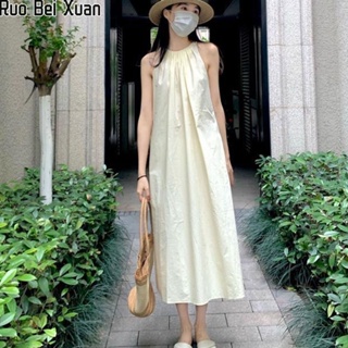 Ruo Bei Xuan ผู้หญิงชุดใหม่อารมณ์ฝรั่งเศสระดับไฮเอนด์สีทึบแขนกุดกระโปรงยาวปานกลาง