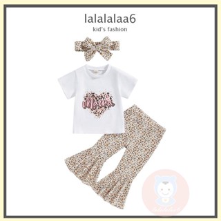 Laa6- เสื้อแขนสั้น ลายหัวใจ + กางเกงลายเสือดาว + ที่คาดผม สําหรับเด็กผู้หญิง