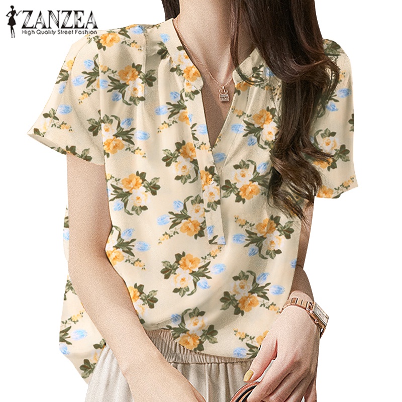 Zanzea เสื้อเบลาส์ลําลอง คอวี แขนสั้น พิมพ์ลายดอกไม้ หัวเข็มขัด สําหรับผู้หญิง