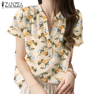 Zanzea Celmia เสื้อเชิ้ตลําลอง แขนสั้น คอวี พิมพ์ลายดอกไม้ สง่างาม สําหรับผู้หญิง