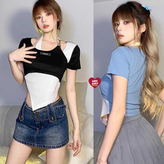 เสื้อครอปท็อปลำลองสำหรับผู้หญิงน่ารักสไตล์วินเทจเรียบง่าย เสื้อครอปสั้นดีเทลไขว้ข้าง