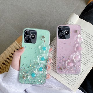 ใหม่ เคสโทรศัพท์มือถือ ซิลิโคนนิ่ม TPU ใส กันกระแทก แต่งกลิตเตอร์ฟอยล์สีทอง ลายดอกไม้ พร้อมสายคล้องข้อมือ แฟชั่น สําหรับ Realme C53 2023 C53