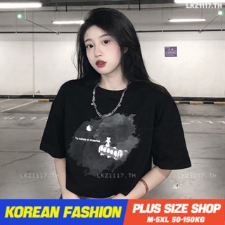 Plus size เสื้อผ้าสาวอวบ❤ เสื้อยืดสาวอวบอ้วน ไซส์ใหญ่ ผู้หญิง เสื้อยืดครอป ทรงหลวม แขนสั้น คอกลม พิมพ์ สีดำ ฤดูร้อน สไตล์เกาหลีแฟชั่น