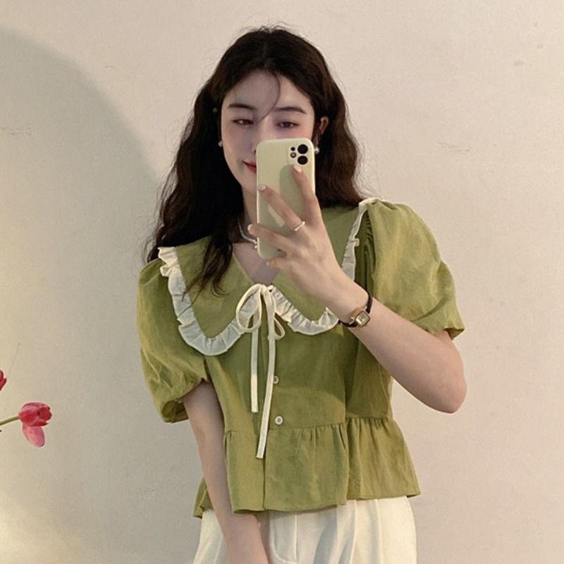 Crush～เสื้อเชิ้ต ผีเสื้อ ปมเก๋ปลอกคอตุ๊กตาเสื้อแขนสั้นฟอง มีสไตล์และสง่างามเก๋ไก๋ระดับไฮเอนด์เสื้อเชิ้ต Y.00029