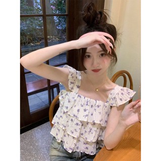 เสื้อสายเดี่ยว คอสี่เหลี่ยม ลายดอกไม้