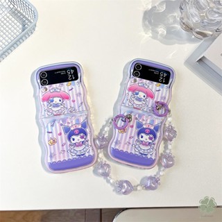 เคสโทรศัพท์มือถือแบบนิ่ม TPU ใส กันกระแทก ลายการ์ตูนเด็กผู้หญิงสีม่วง พร้อมสายคล้องข้อมือ สําหรับ Samsung Galaxy Z Flip 4 Z Flip 3 Z Flip 4 Flip 3