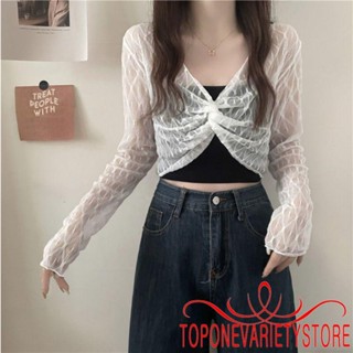 Topone- เสื้อครอปท็อปแขนยาว คอวี ผ้าตาข่ายโปร่ง ป้องกันแดด สําหรับผู้หญิง