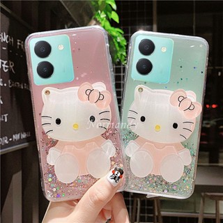 พร้อมส่ง เคสโทรศัพท์มือถือแบบนิ่ม ใส กันกระแทก ลายการ์ตูนเฮลโลคิตตี้ กลิตเตอร์ พร้อมกระจกแต่งหน้า แฟชั่น สําหรับ VIVO Y36 4G 5G Y02T V27 5G