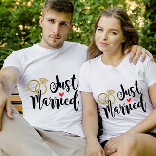 เสื้อยืดแขนสั้น พิมพ์ลาย Just Married Honeymoon สําหรับคู่รัก ภรรยา และฮับแต่งงาน