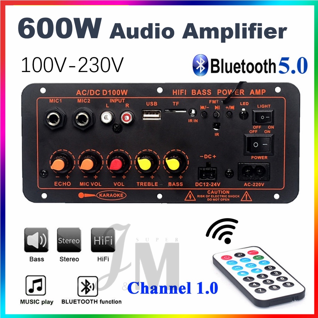 บอร์ดโมดูลขยายเสียงซับวูฟเฟอร์ 600W บลูทูธ 5.0 D100 ไมโครโฟนคู่ 12V 24V 220V เครื่องเล่นมีเดีย D100 D300
