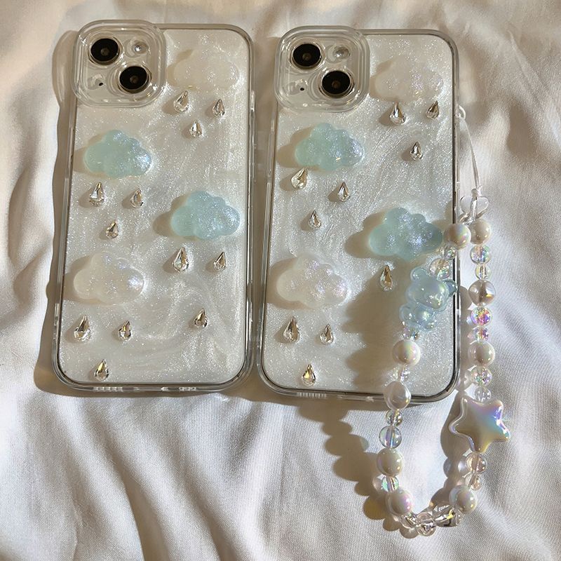 เคสโทรศัพท์มือถือ อีพ็อกซี่นิ่ม ลายก้อนเมฆ สีขาว พร้อมสายคล้องข้อมือ สําหรับ apple iphone 13 14Pro 12 11 14Promax 14plus 13 12pro 11 pro max Xr Xs max 7 8 Plus 13 pro max 13 12pro 11promax