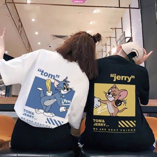 เสื้อยืดลําลอง แขนสั้น พิมพ์ลายการ์ตูน Tom Cat and Jerry Mouse น่ารัก สไตล์วินเทจ แฟชั่นฤดูร้อน สําหรับสตรี