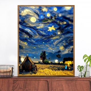 Lora PB2 ภาพวาดสีน้ํามันดิจิทัล รูปสนามหญ้า Van Goghs Starry Sky ขนาด 40x50 ซม. สําหรับตกแต่งห้องนั่งเล่น