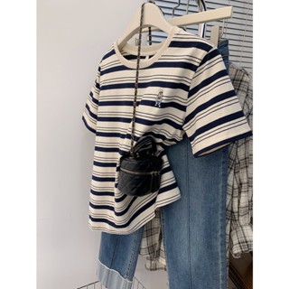 8545# Cotton bear striped short-sleeved T-shirt womens preppy Korean style loose and thin top